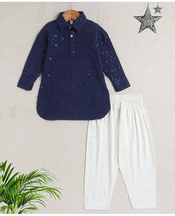 The Magic Wand Rayon Full Sleeves Ethnic Embroidered Sequins Embellished Pathani Kurta & Pyjama Set - Navy Blue